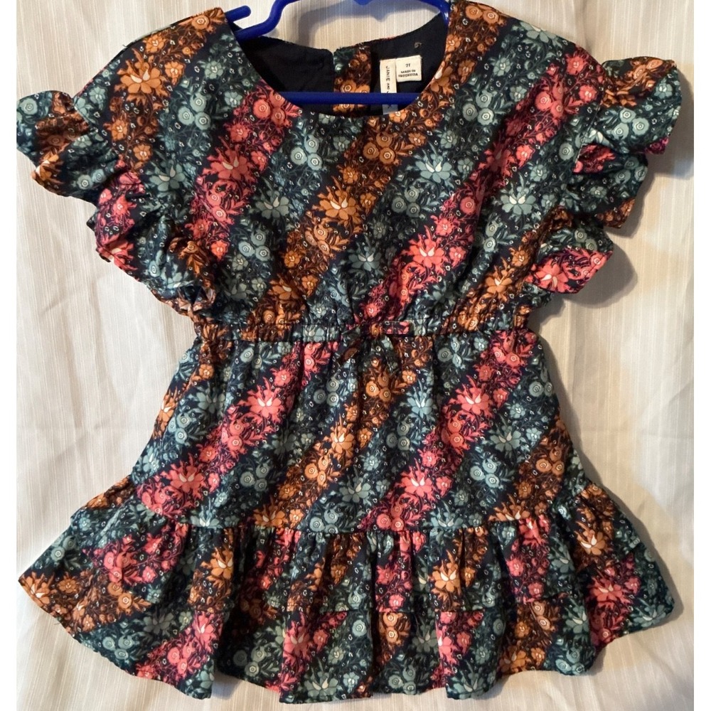 Janie and Jack Diagonal Floral Stripe Ruffle Dress Girls Size 2T